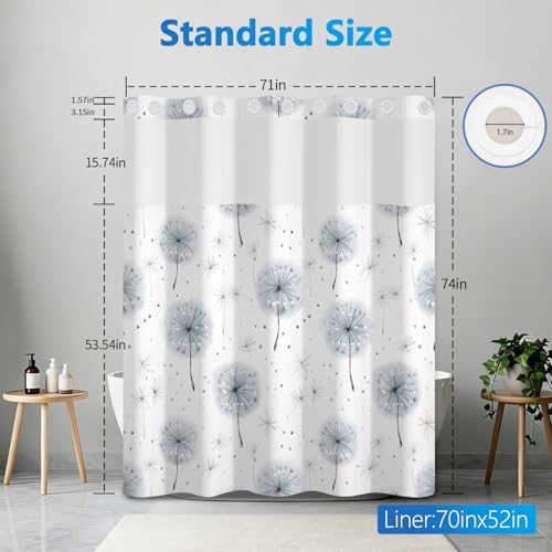 No Hook Shower Curtain and Liner Set, Grey Dandelion Farmhouse Waterproof Shower Curtain with Mesh Top Window and Weighted Hem, Machine Washable Shower Curtains for Bathroom and Hotel, 71" W x 74" L - color: Flying Dandelion