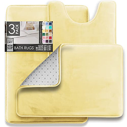 Clara Clark 3 Piece Bathroom Rugs Bath Mat Set, Velvet Memory Foam Bath Mats for Bathroom - Non-Slip, PVC Backing Bath Rugs, Washable - Dries Quickly, Yellow - color: Mellow Yellow