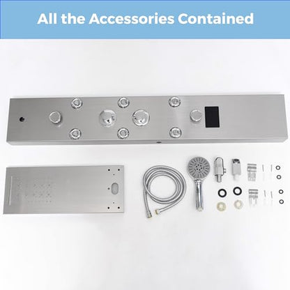 DELAVIN LED Stainless Steel Shower Tower, 5-Function Shower Panel Tower | Temperature Display, Rainfall Waterfall Shower, Massage Jets, Tub Spout, for Renovation, New Builds, Rentals & Contractors - style: 8 Body Jets With LED