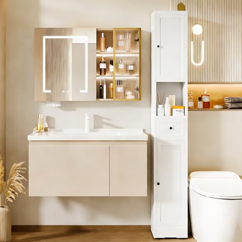 Tall Metal Bathroom Cabinet, 71" Tall Slim Freestanding Locker with 2 Door & 1 Drawer, Narrow Storage Cabinet with Adjustable Shelves, for Small Spaces, Bathroom, Living Room, Modern - White - color: White