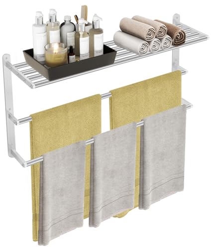 32 inch Towel Racks for Bathroom, VOTZAAQ Towel Shelf with Double Towel Bar, Stainless Steel Towel Storage for Lavatory Wall Mounted, 3-Tier Towel Hanger Towel Holder, Brushed Nickel - size: 32 Inch