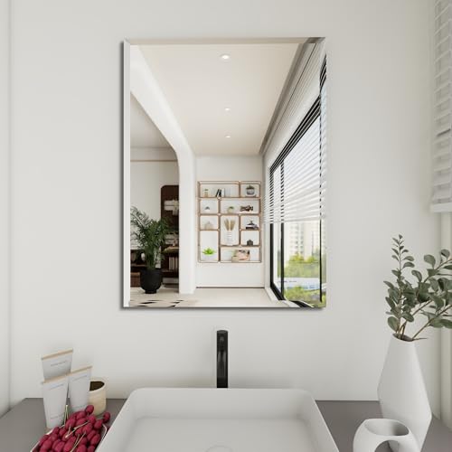 Rectangular Beveled Bathroom Mirrors, 28X40 inch Beveled Bathroom Mirror， | Frameless Mirrors for Bathroom,bedroom/wall/makeup area/cloakroom, hung horizontally or vertically. - size: 28"L x 40"W