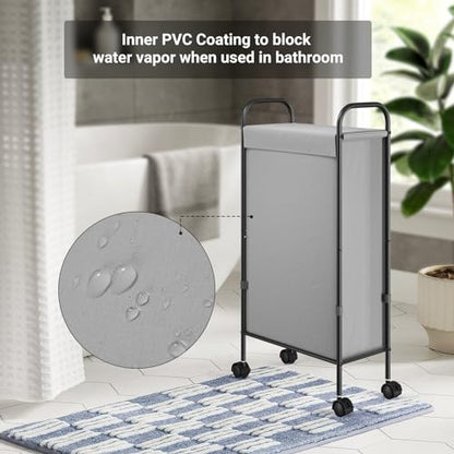 ELYKEN Slim Laundry Hamper with Lid & Wheels, 50L Rolling Laundry Basket | 7.9" Narrow Design, 50L, Removable Liner Bag, Lockable Wheels, Space Saving Clothes Hamper for Bathroom, Bedroom, Closet - style: Grey-50L