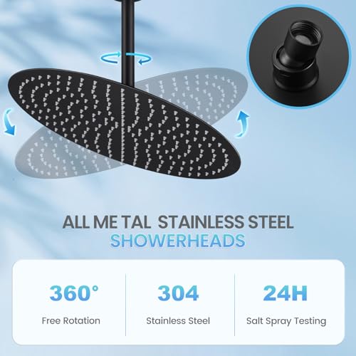 16 inch Matte Black Round Ceiling Rainfall Shower Head, All Metal Stainless Steel 304, Full Body Rainfall Shower with 230 Silicone Nozzles - color: Matte Black, size: 16 Inch