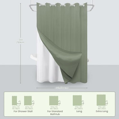 Inhousolu No Hook Shower Curtain with Removable Snap-in Liner, Waffle Weave 230 GSM Polyester, Weighted Hem, Water Repellent Washable, 72 x 72 Inch, Sage Green - color: Sage Green, size: 72"W x 72"L (Pack of 1)