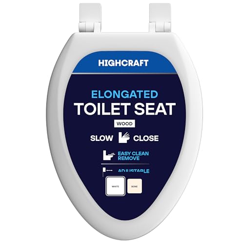 Highcraft W4TSWE Elongated Molded Wood Toilet Seat Slow Close ? Easy Remove ? Adjustable Hinge, White - color: White