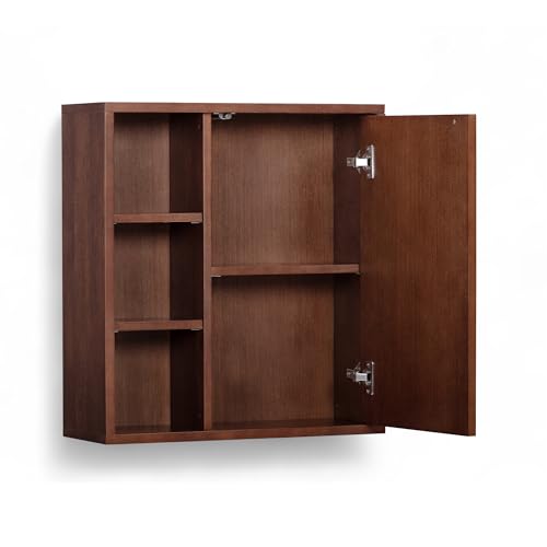 Teamson Home 22″ Wide Bathroom Wall Cabinet with Open Compartments & 1 Door with Fixed Interior Shelf, Wall Mounted Medicine Cabinet with Wooden Bracket for Mounting, Natural Fluted Finish in Walnut | Open Compartments, 1 Door with Fixed Interior Shelf, W