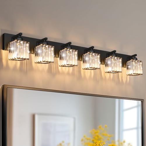 Black Crystal Bathroom Vanity Light, 6-Light Modern Bathroom Lighting Fixtures Over Mirror, Matte Black Wall Sconce Light Fixtures with Square Shade - color: Black-Square Shade, size: 6-LIGHT