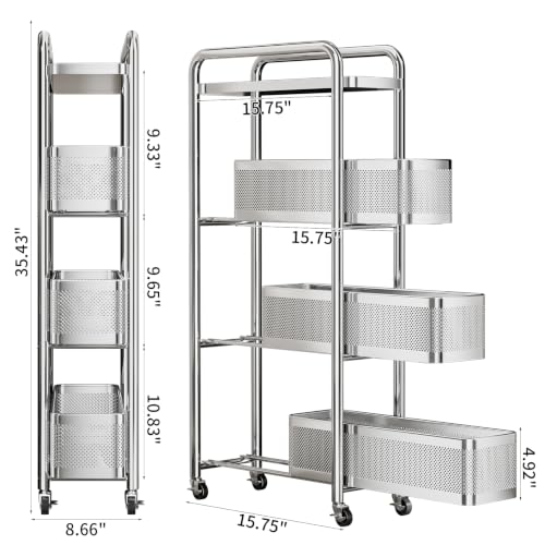 4-Tier Slim Storage Cart with 3 Slide-Out Drawers, 6.3" Sturdy Stainless Steel Rolling Utility Cart Organizer for Narrow Space, Kitchen, Bathroom, Laundry Room, Pantry, Stable & Rustproof