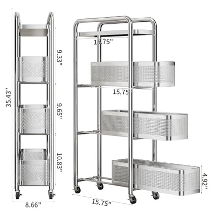 4-Tier Slim Storage Cart with 3 Slide-Out Drawers, 6.3" Sturdy Stainless Steel Rolling Utility Cart Organizer for Narrow Space, Kitchen, Bathroom, Laundry Room, Pantry, Stable & Rustproof