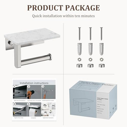 BWE Brushed Nickel Toilet Paper Holder with Marble Shelf Wall Mounted | Toilet Paper Roll Holder with Phone Shelf 304 Stainless Steel Tissue Holder for Bathroom Washroom,Saving Space - color: Brushed Nickel