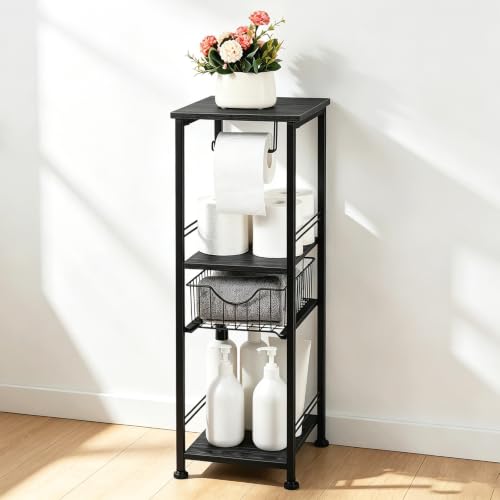 Bathroom Storage Shelf with Drawers Black Floor Standing Storage Cabinet | Small Toilet Paper Storage Cabinet Narrow Corner Unit with Open Storage Shelves, Adjustable Feet for Bathroom, Living Room - color: Black