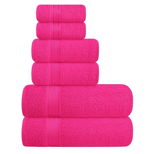 Ultra Soft 6 Pack Cotton Towel Set, Contains 2 Bath Towels 28x55 inch, 2 Hand Towels 16x24 inch & 2 Wash Coths 12x12 inch, Ideal Everyday use, Compact & Lightweight - Hot Pink - color: Hot Pink