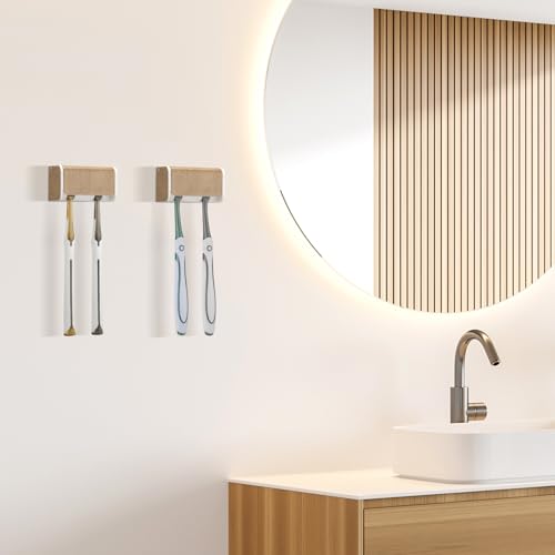 2 PCS Toothbrush Holders Wall Mounted with Cover (2, Wood Grain) | Wall mounted, Detachable, Easy to clean, Breathable, 2 Slots Self Adhesive Toothbrush Organizer for Bathroom - color: Wood Grain