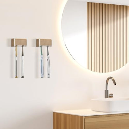 2 PCS Toothbrush Holders Wall Mounted with Cover (2, Wood Grain) | Wall mounted, Detachable, Easy to clean, Breathable, 2 Slots Self Adhesive Toothbrush Organizer for Bathroom - color: Wood Grain