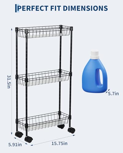 GarveeHome Slim Rolling Storage Cart, 3 Tier Metal Utility Cart with Wheels, Adjustable Shelving Unit Basket for Kitchen Bathroom Laundry Room Living Room & Narrow Corner, 15.75"X5.91"X31.5", Black - size: 3 Tier