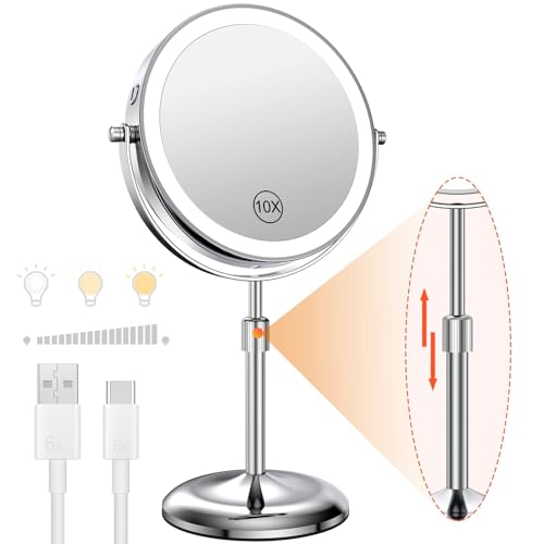 7" Lighted Makeup Mirror with Magnification 10X, Height Adjustable,3 Lights | 1X/10X Magnifying Mirror with Light, Stepless Dimming, 360° Swivel, Rechargeable Vanity Mirror for Desk, LED Standing Mirrors - color: Silver