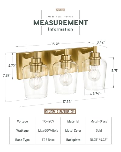 3-Light Brushed Gold Bathroom Vanity Light, Wine Clear Glass Shades | 17" modern bathroom light fixtures over mirror, E26 base, bulbs not included, VL155-BG-3 - color: Brushed Gold, Wine Glass Shade, size: 3-light