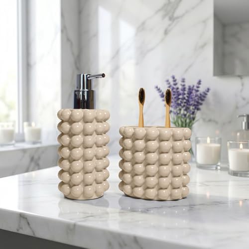 Better Trends 2-Piece Bathroom Accessory Set 400mL Refillable Soap Dispenser with Rustproof Pump 2-Slot Toothbrush for Vanity, Sink & Countertop Organization Sand Nova Collection - color: Sand