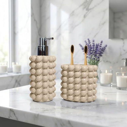 Better Trends 2-Piece Bathroom Accessory Set 400mL Refillable Soap Dispenser with Rustproof Pump 2-Slot Toothbrush for Vanity, Sink & Countertop Organization Sand Nova Collection - color: Sand