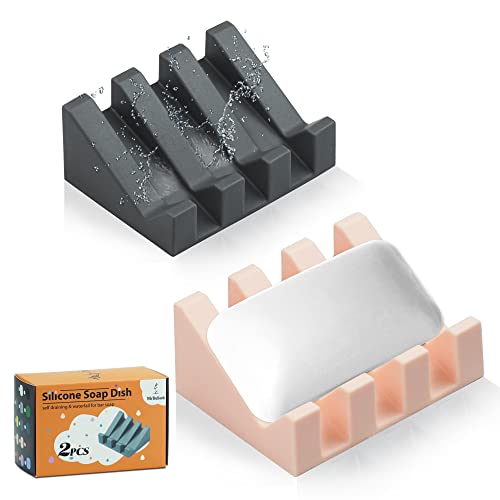 Self Draining Silicone Soap Dish with Suction Cups - Non-Slip Bar Soap Holder for Shower & Kitchen, Waterfall Tray Keeps Soap Dry, Easy Clean, Extends Soap Life (Grey/Pink, 2) - color: Grey/Pink, size: 2