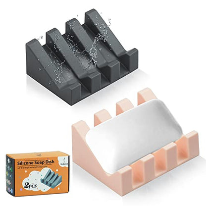 Self Draining Silicone Soap Dish with Suction Cups - Non-Slip Bar Soap Holder for Shower & Kitchen, Waterfall Tray Keeps Soap Dry, Easy Clean, Extends Soap Life (Grey/Pink, 2) - color: Grey/Pink, size: 2