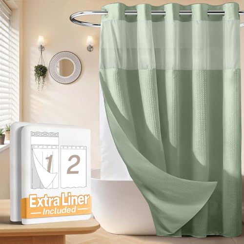 River Dream No Hooks Shower Curtain with 2 Snap in Liner, Green, 71Wx74H | Waffle Weave, 1 Attached Snap in Liner and 1 Extra Replacement Liner, Bathroom Curtains Shower Set, Hotel Grade, Spa Like - color: Green