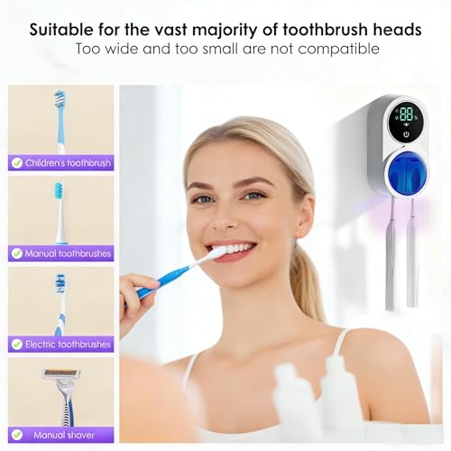 KLUEHOME Upgraded UV Toothbrush Sanitizer Holder for Bathroom, LED Smart Screen,Auto Light Cleaning and 140-Degree Air Drying, Rechargeable Mirror Wall Mounted,Fits Most Toothbrushes
