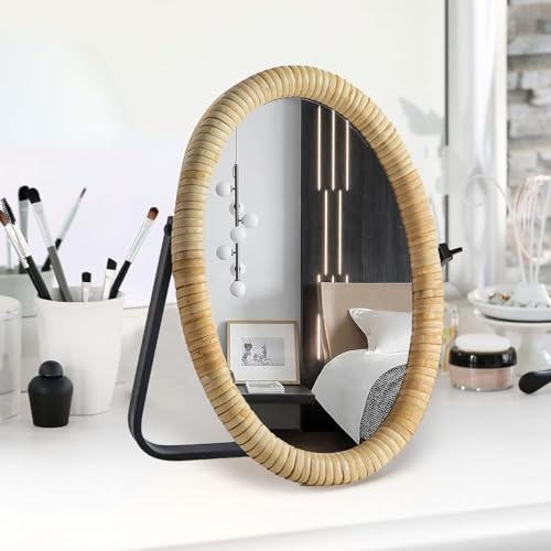 Vanity Table Desk Rattan Mirror 11.8'' x 7.8'',Boho Oval Makeup Mirror with Metal Stand,Portable Small Standing Countertop Mirror,Room Decor for Dresser,Tabletop, Bathroom,Bedroom,Living Room,Office