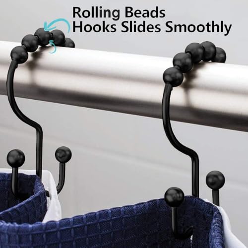 DAWNER Shower Curtain Hooks Rings, Rust Proof Hooks, Metal Easy Glide Double Shower Rings Hooks, Stainless Steel Shower Curtain Hangers for Bathroom Shower Curtains, Set of 12 Hooks, Matte Black - color: Matte Black