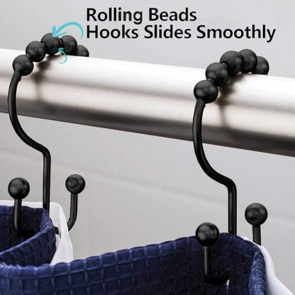 DAWNER Shower Curtain Hooks Rings, Rust Proof Hooks, Metal Easy Glide Double Shower Rings Hooks, Stainless Steel Shower Curtain Hangers for Bathroom Shower Curtains, Set of 12 Hooks, Matte Black - color: Matte Black