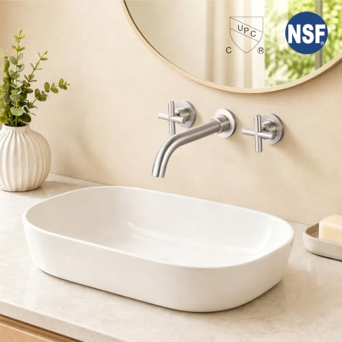 Midanya Wall Mount Bathroom Faucet 3 Hole 2 Cross Handle,Brushed Nickel | SUS304 Stainless Steel,Rough-in Valve Included,360° Swivel Spout,for Bathroom Sink,Vanity - color: Brushed Nickel