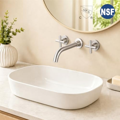 Midanya Wall Mount Bathroom Faucet 3 Hole 2 Cross Handle,Brushed Nickel | SUS304 Stainless Steel,Rough-in Valve Included,360° Swivel Spout,for Bathroom Sink,Vanity - color: Brushed Nickel