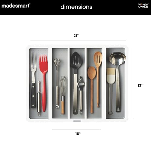 madesmart Expandable Utensil Tray-White | Classic Collection | 5-Compartments | Kitchen Organizer | Soft-Grip Lining and Non-Slip Rubber Feet | Easy to Clean | BPA-Free