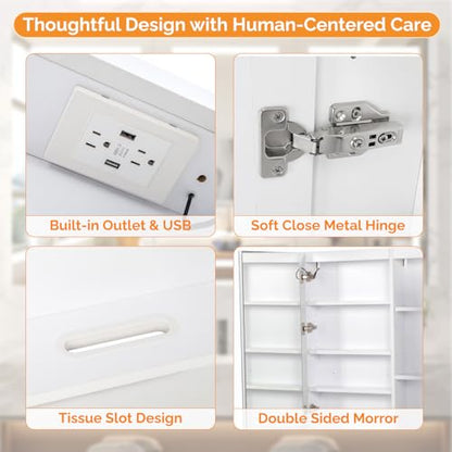VINGLI 60 x 36 Inch Extra Large Lighted Bathroom Medicine Cabinet with Mirror, Large 3-Door Wall Mounted Bathroom Medicine Cabinet with Lights, Dimmable Mirror with Storage, Built-in Outlet & USB - size: 5.9"D x 60"W x 36"H