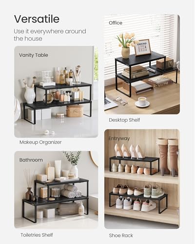 SONGMICS Spice Racks Expandable Kitchen Countertop Shelves, Metal | Set of 2 small cupboard organizers, space-saving tabletop shelves, Matte Black, UKCS402B01 - color: Matte Black, size: Set of 2