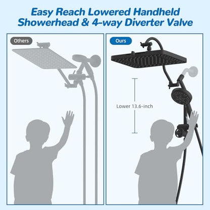 Hibbent cUPC Certified High Pressue 13'' Rainfall Shower Head with 5-Spray | Shower Heads with Handheld 10-Spray Combo, All Metal Easy Reach 4-way Diverter Arm, 71'' Hose & Holder, Matte Black - color: Black, style: Square 13"