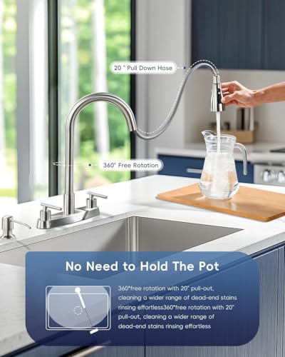 APPASO 4 Hole Kitchen Faucet with Pull Down Sprayer and Soap Dispenser | Brushed Nickel Dual Handle Kitchen Faucets for 3-4 Hole Sink 8'' Center, High Arc Lead-Free Certified, Easy to Install - color: 1-Brushed Nickel