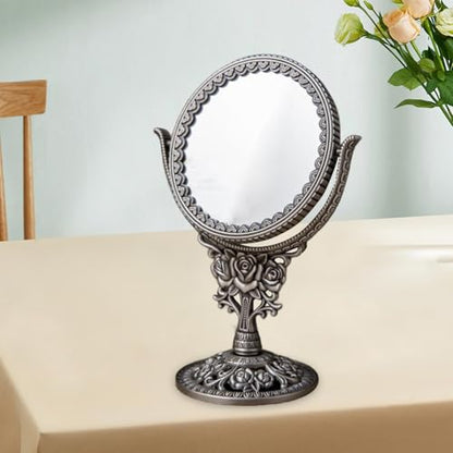 European Style Dressing Table Mirror Antique Rotating Cosmetic Mirror Oval Dressing Mirror Swivel Double Sided for Bedroom, round rose