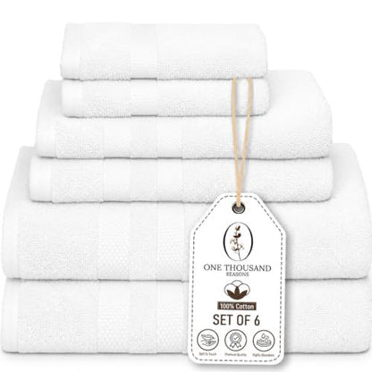 Premium Staple Cotton Bathroom Towel Set - White 600 GSM 6-Piece Luxury Bath Towel Set 3 Stripe - 2 Bath Towels, 2 Hand Towels & 2 Washclothes Set - High Absorbent & Quick Dry for Gym, Spa, Hotel - color: White - 3 Stripe