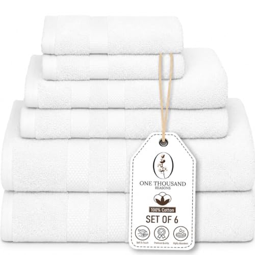 Premium Staple Cotton Bathroom Towel Set - White 600 GSM 6-Piece Luxury Bath Towel Set 3 Stripe - 2 Bath Towels, 2 Hand Towels & 2 Washclothes Set - High Absorbent & Quick Dry for Gym, Spa, Hotel - color: White - 3 Stripe