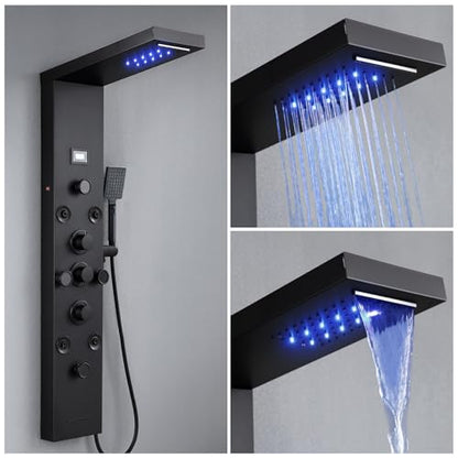 6 In1 LED Shower Panel Tower Rainfall ＆ Waterfall System 8 Body Massage Jet | POPLFY Stainless Steel Wall Mount Shower Column Towers with Temperature Display, Tub Spout, Matt Black - color: 8 Jets-Matt Black