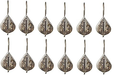 Silver Shower Curtain Rings Hooks Polished Shiny Chrome Leaves Decorative Shower Curtain Hooks Set of 12 Metal Rust-Proof Shower Hanger Rings for Bathroom Curtains Rods