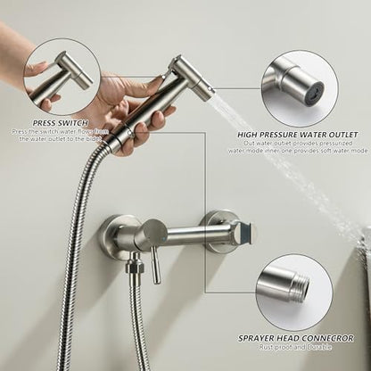 Warm Water Bidet Sprayer for Toilet with Hot and Cold Mixing Valve, Stainless Steel Wall Mount Round Handheld Bidet Attachment Set, Brush Nickel - color: Brushed Nickel