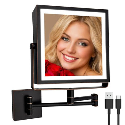 Ruacq Wall Mounted Makeup Mirror with Lights 1X/10X Oil Rubbed Bronze | 8",4000mAh Rechargeable,Magnification,3 Color,Touch Screen Dimmable,360° Rotation Extension Foldable Arm, Square, Women Gift - color: Oil Rubbed Bronze