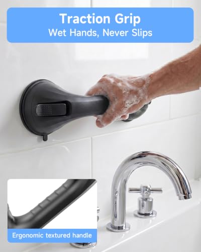 2 Pack Shower Grab Bar for Shower and Bathtubs, No Drilling, Black | Suction Shower Handle for Elderly, Suction Cup Removable Handrails Safety Grip, Heavy Duty, 12 inch - color: Black