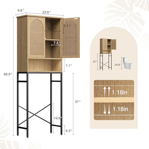 FiveWillowise Rattan Toilet Storage Cabinet, Over The Rack Wood Cabinet with Metal Stand, Bathroom Organizer with Adjustable Shelf, Tall Freestanding Washer Shelf, Small Cupboard, Natural - color: Rattan Door-natural, style: Casual