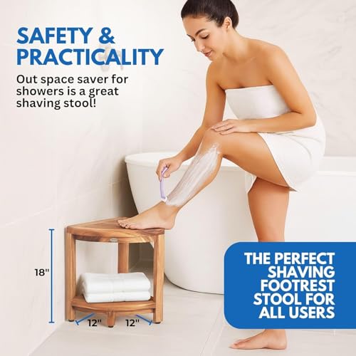 EcoDecors 18" Teak Corner Shower Bench with Shelf, Fully Assembled | Crafted from solid teak wood with natural water resistance for long-lasting durability in wet environments. - size: 2 tier Fully Assembled