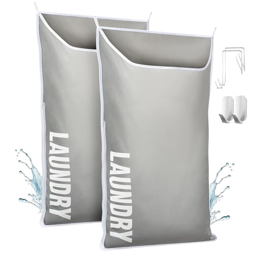 Hanging Laundry Hamper Bag XL 40x22", Space Saving over the Door Storage Bags, Behind the Door Hampers for Dirty Clothes & Wall Mounted Basket for Bathroom, Organizer for Small Room Spaces RV - color: Gray, size: 2-Pack