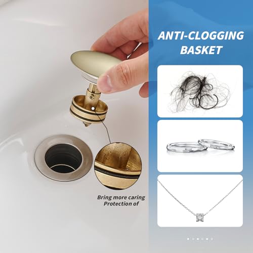 BWE Brushed Gold Bathroom Vessel Sink Drain Stopper with Overflow One Piece Pop Up Drain Assembly with Strainer for Bathroom Faucet Sink - color: Brushed Gold, size: With Overflow